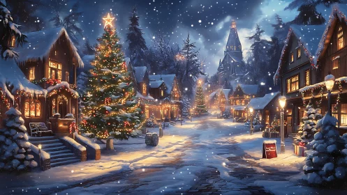 Snow-kissed Christmas village glowing with storybook magic.