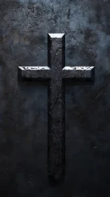 Weathered obsidian cross on textured midnight wall.