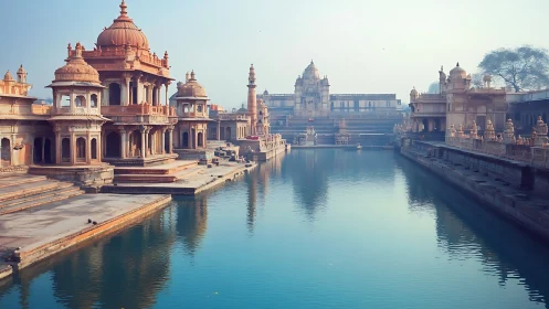 Soft morning light gently embraces a riverside temple city