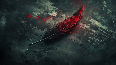 Red feather on dark textured ground with scattered droplets.