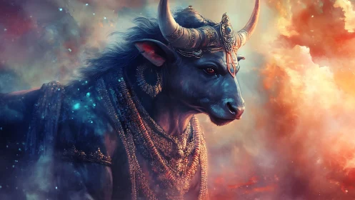 Celestial bull deity crowned in jeweled ceremonial armor.