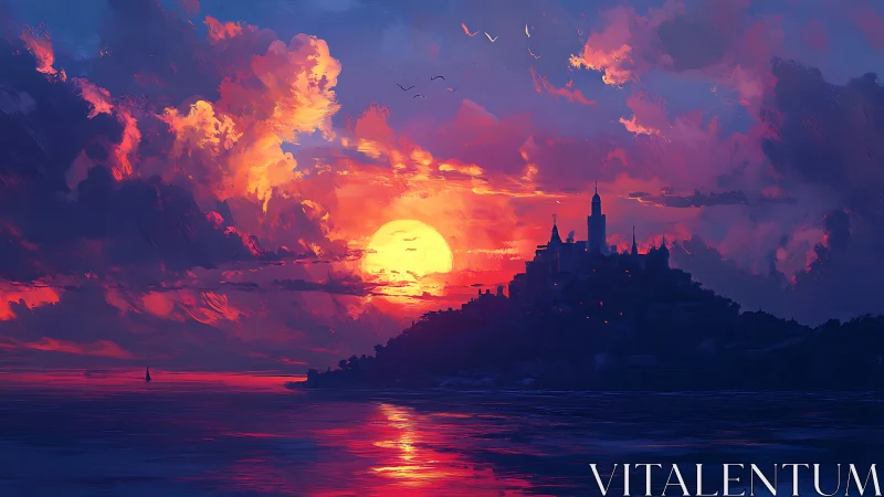 Sunset illuminates distant cliffside castle over calm sea