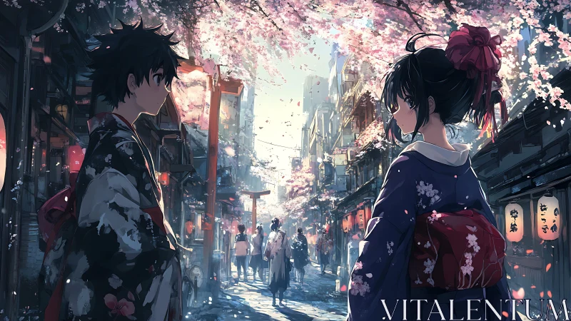 Spring reunion beneath lantern-lit cherry blossoms street.