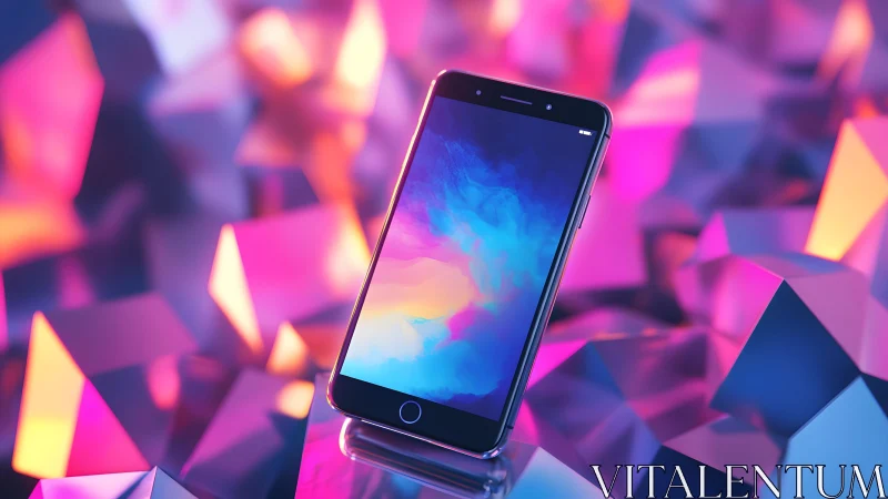 Modern smartphone displayed on vibrant geometric background, digital art.