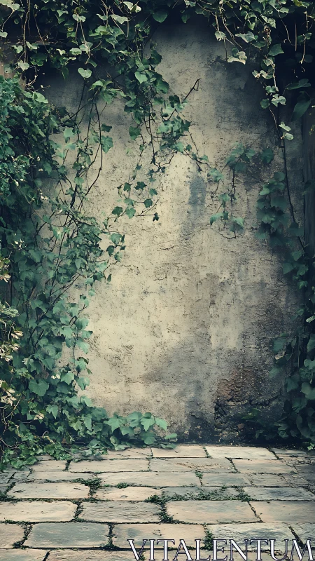 Old courtyard wall with climbing ivy and worn stone floor.