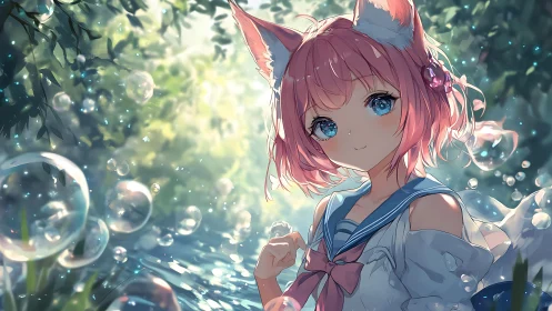 Cat-eared anime girl in sunlit forest with floating bubbles.