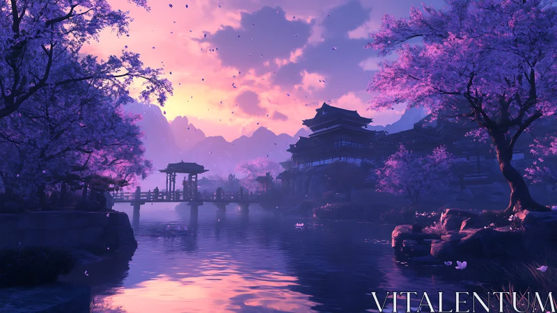 Twilight-lit cherry blossom valley frames tiered temple complex