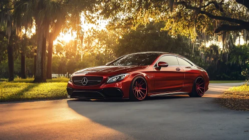 Sunlit red coupe resting on a peaceful tree lined road.