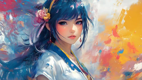 Vivid anime portrait of blue haired girl in abstract color.