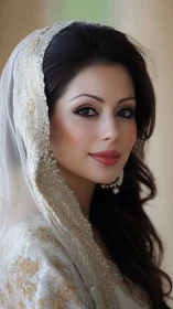 Photorealistic bridal portrait with ornate embroidered veil.