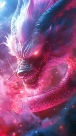 Bioluminescent neon Asian dragon in swirling chromatic mist