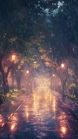 Rainy tree lined path with warm glowing streetlights.