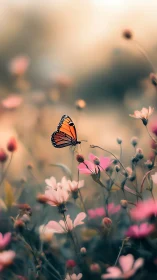 Monarch pauses mid-melody above softly blurred spring blooms