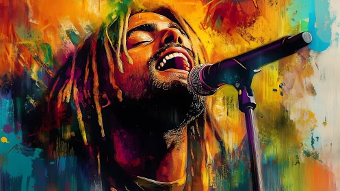 Expressive vocalist in close-up, rendered with dynamic brushwork and neon hues