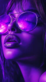Violet neon portrait shows reflective sunglasses and glossy lips