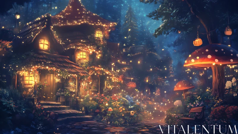 Enchanted forest cottage glows under lanternlit night sky.