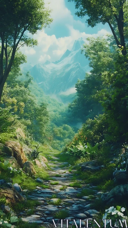 Mountain Valley Stream Through Verdant Forest Canopy.