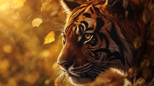 Golden forest tiger gazing softly through autumn light.