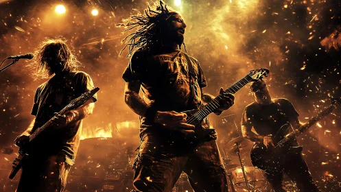 Metal band onstage under pyrotechnic amber backlighting