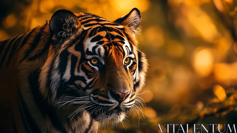 Close-up portrait of Bengal tiger in warm golden backlight