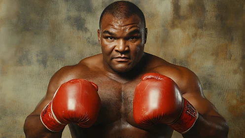 Professional boxer in ready stance with red gloves.