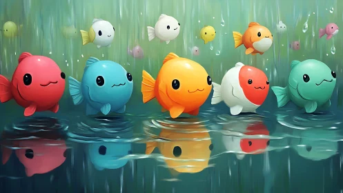 Colorful chibi fish glide above reflective water surface