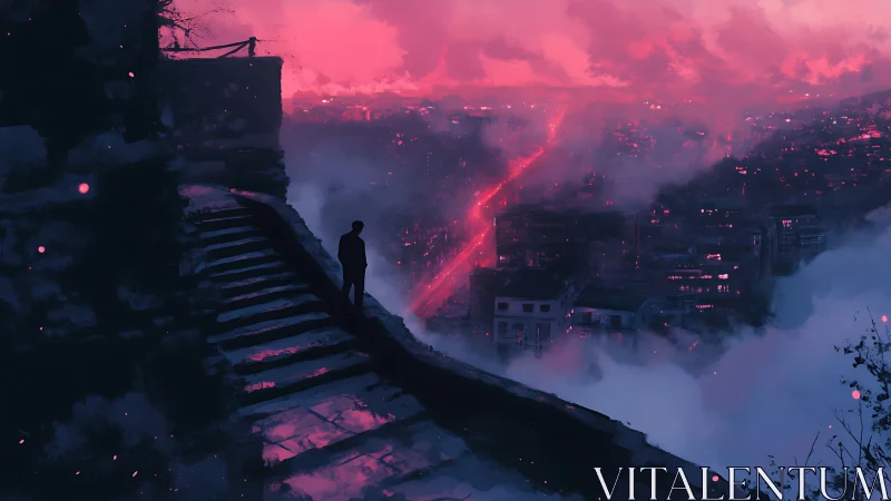 Quiet silhouette watching a dreamy neon city at dusk.