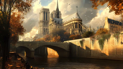 Gothic riverside cathedral in golden autumn atmospheric light