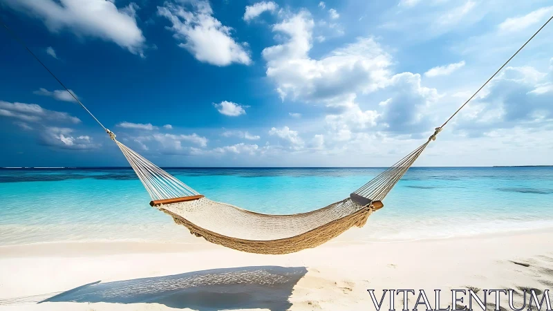 Suspended rope hammock over bright tropical shoreline.