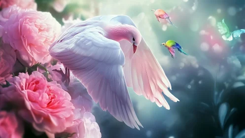 Elegant white dove with pink roses in dreamy fantasy art.