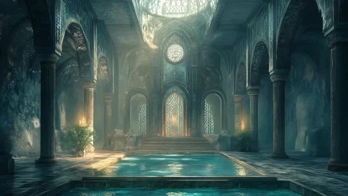Moonlit palatial bath where emerald water guards secrets.