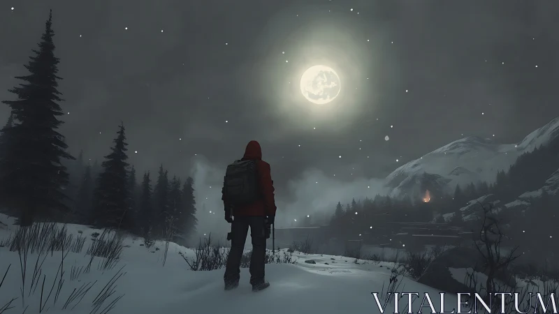 Lone winter trekker under luminous full moon glow.