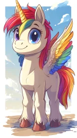 Rainbow-winged unicorn buddy under bright blue skies.