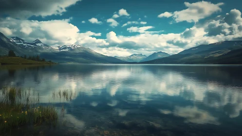 Mountain lake mirrors clouds under bright alpine sky.