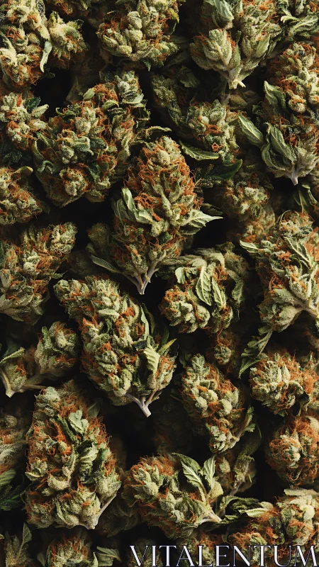 Dense cannabis buds form a textured, frosty green surface.