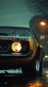 Vintage muscle car headlight in rainy night street scene.