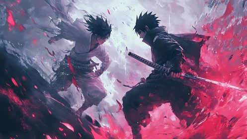 Stormlit swordsmen colliding in a crimson lightning duel.