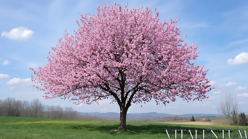 Photorealistic cherry tree in balanced spring landscape composition.