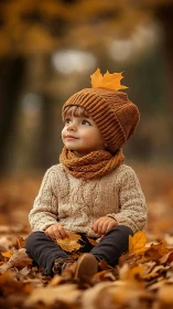 Child seated in autumn leaves wearing knitted brown hat