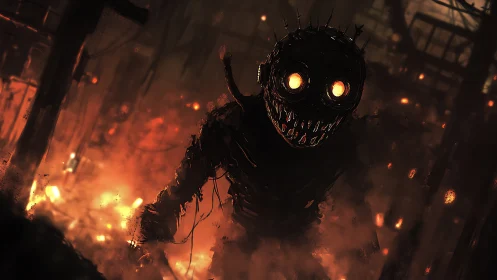 Burning industrial nightmare stalks through a ruined inferno