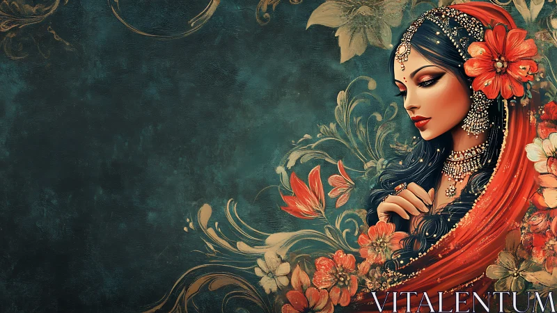 Elegant Indian Woman Portrait with Floral Motifs in Artistic Style.