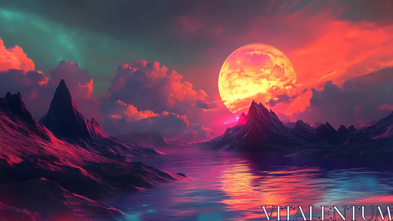 Surreal neon coastline under oversized glowing moon at dusk