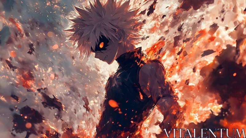 Explosive anime antihero emerges from swirling incandescent flames
