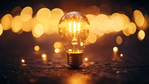 Glowing light bulb rests on dark ground amid golden bokeh.