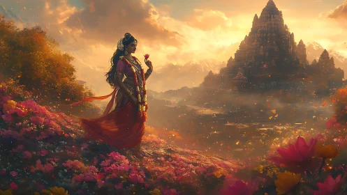 Female figure walks through dense flowers toward distant temple