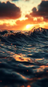 Sunlit ocean waves catch blazing emberlike reflections.