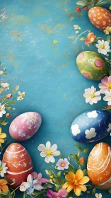 Digital painting of Easter eggs with floral border on teal ground.
