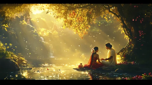 Two Souls Share a Magical Moment by Golden Waterfalls