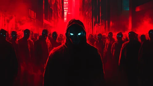 Hooded figures with glowing eyes stand in a red lit city alley
