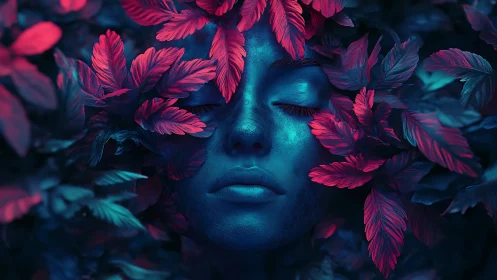 Bioluminescent face immersed in neon foliage glows softly